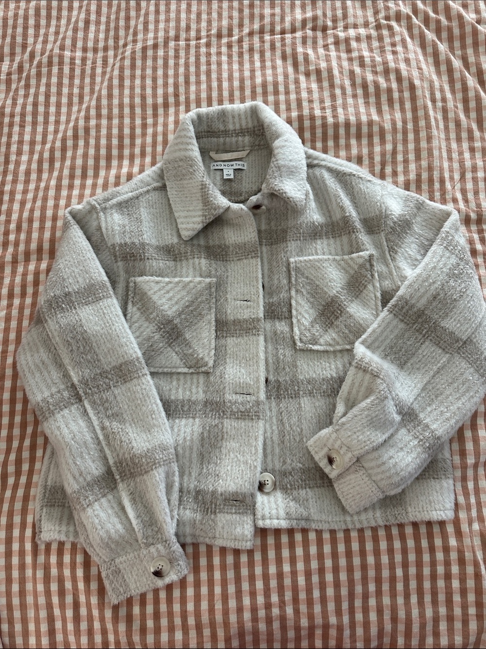 & Other Stories Cream and Taupe Plaid Teddy Shacket